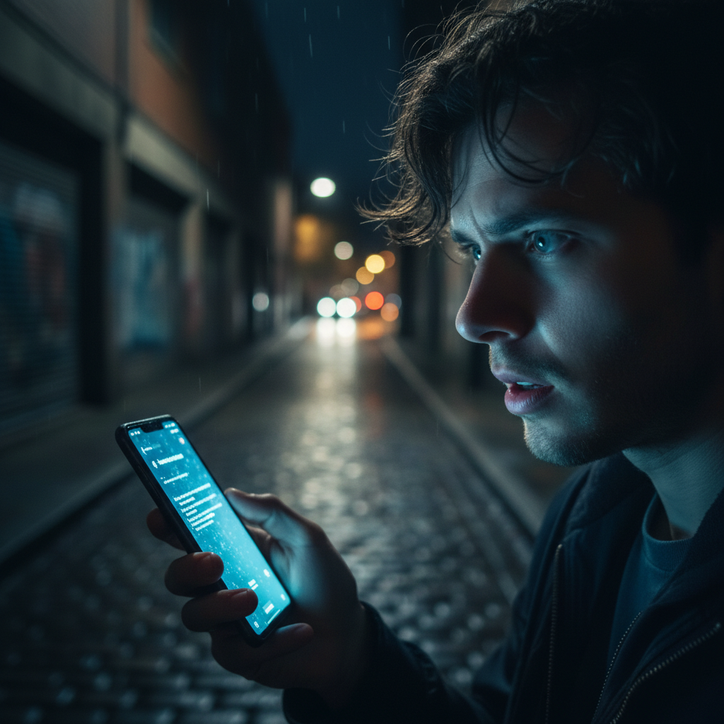 Osoba korzystająca z boty symptom checker w domu, w półmroku, wyraz twarzy pełen niepokoju