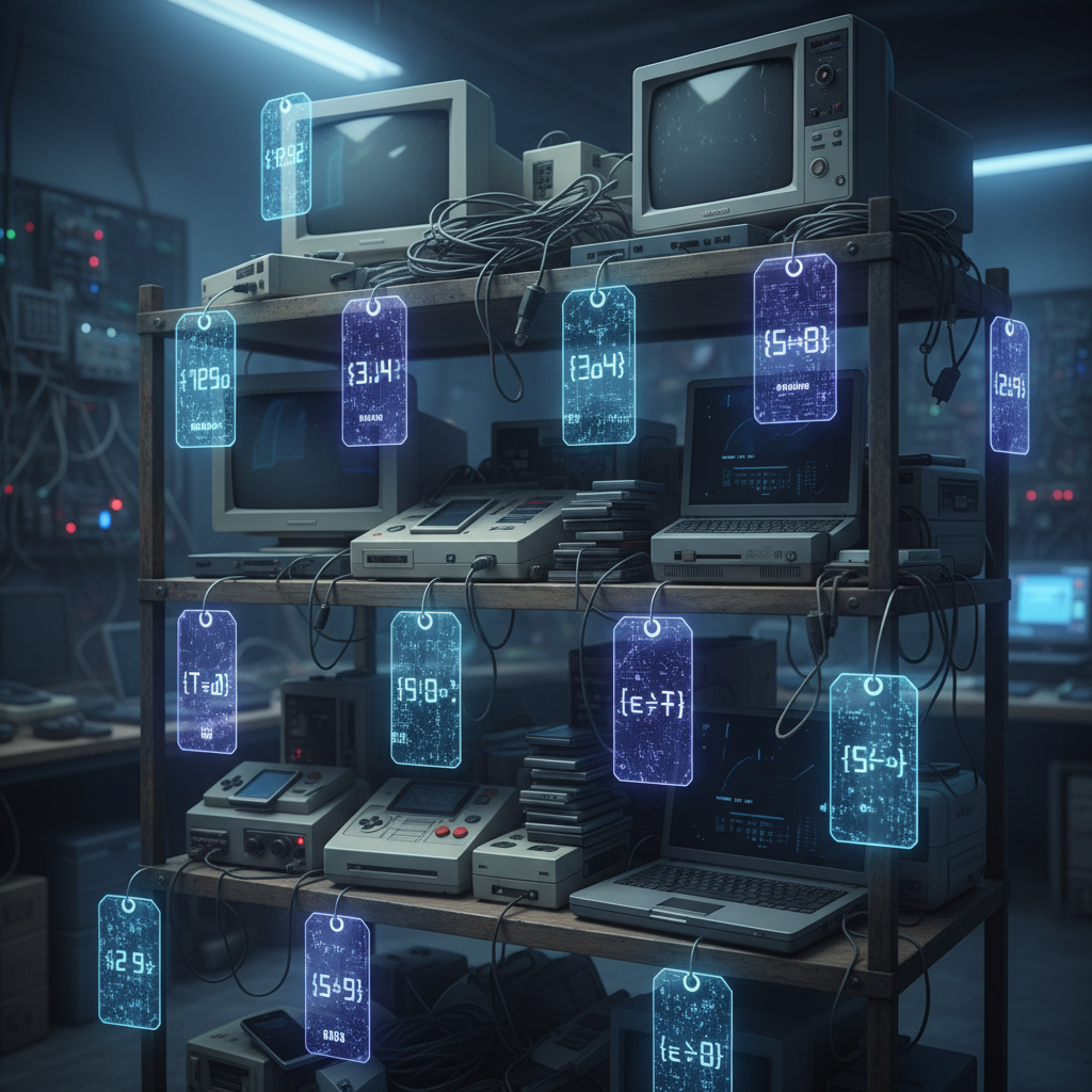 Zbliżenie na używaną elektronikę z AI-generowanymi metkami cenowymi