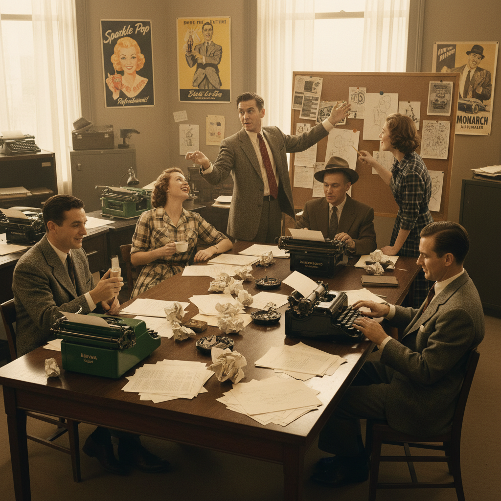 Vintage photo of a 1960s advertising agency team brainstorming over coffee and typewriters