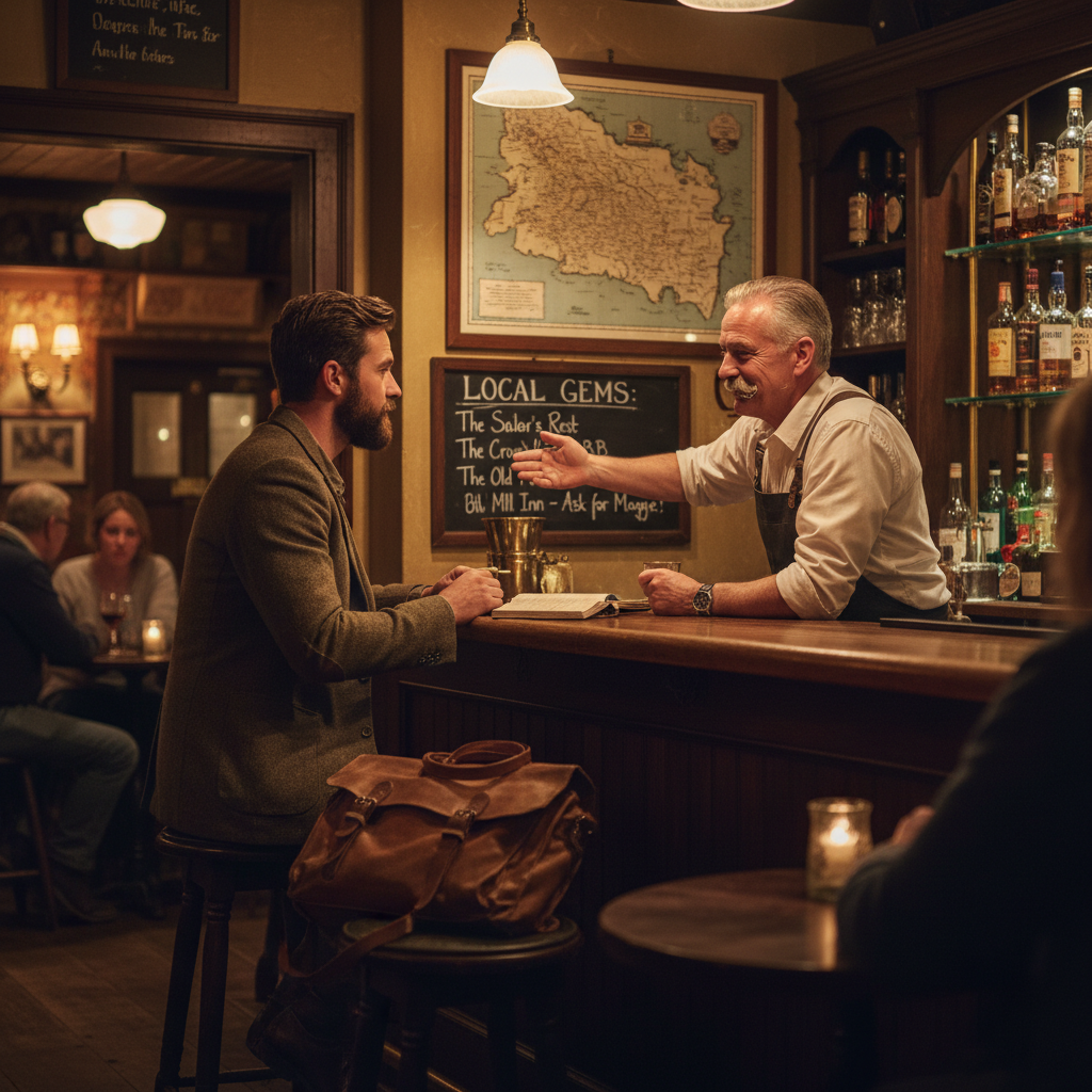 Traveler chatting with a local bartender for hotel tips in a vintage bar, evoking old-school discovery