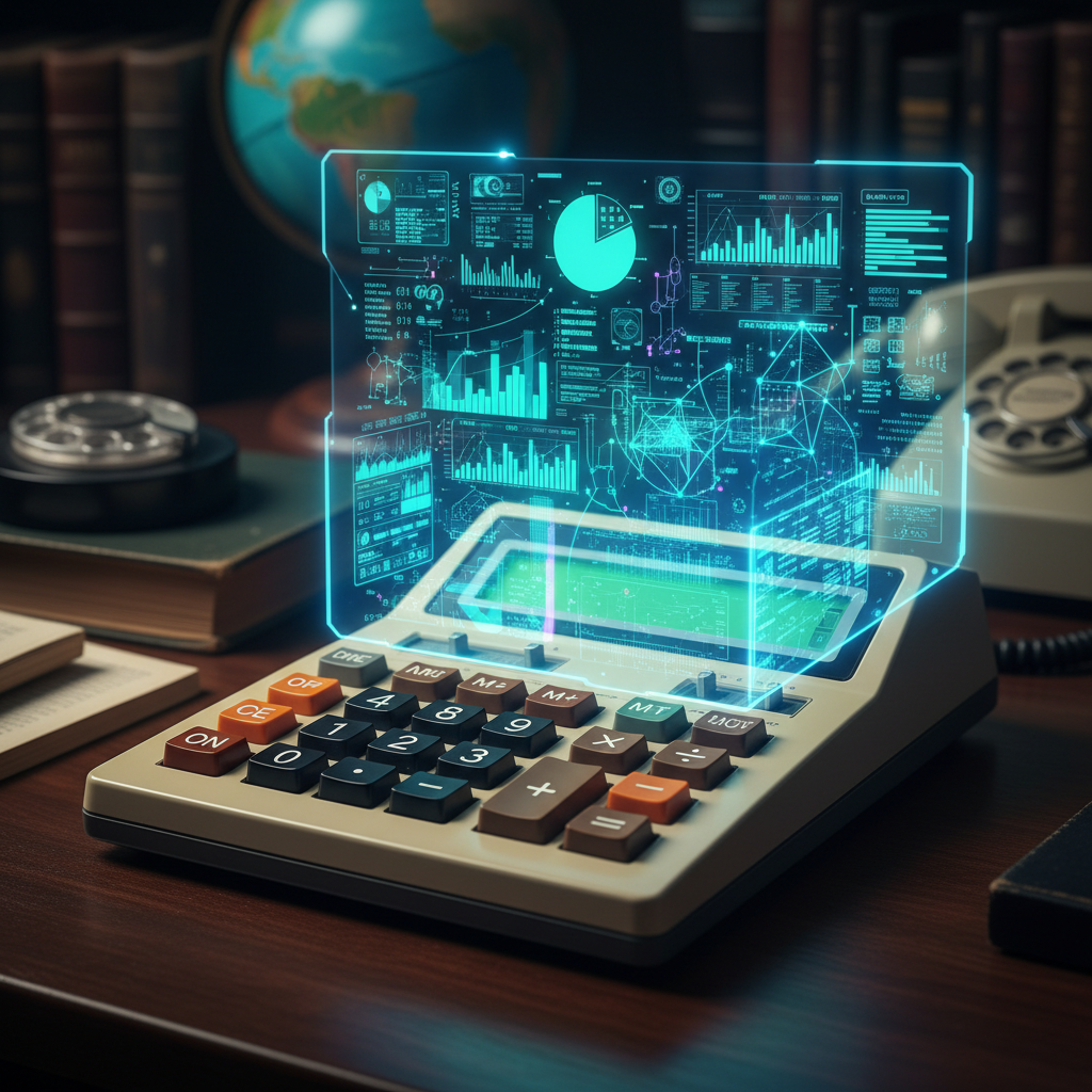 Kontrast starego kalkulatora i nowoczesnej analityki, analiza danych e-commerce