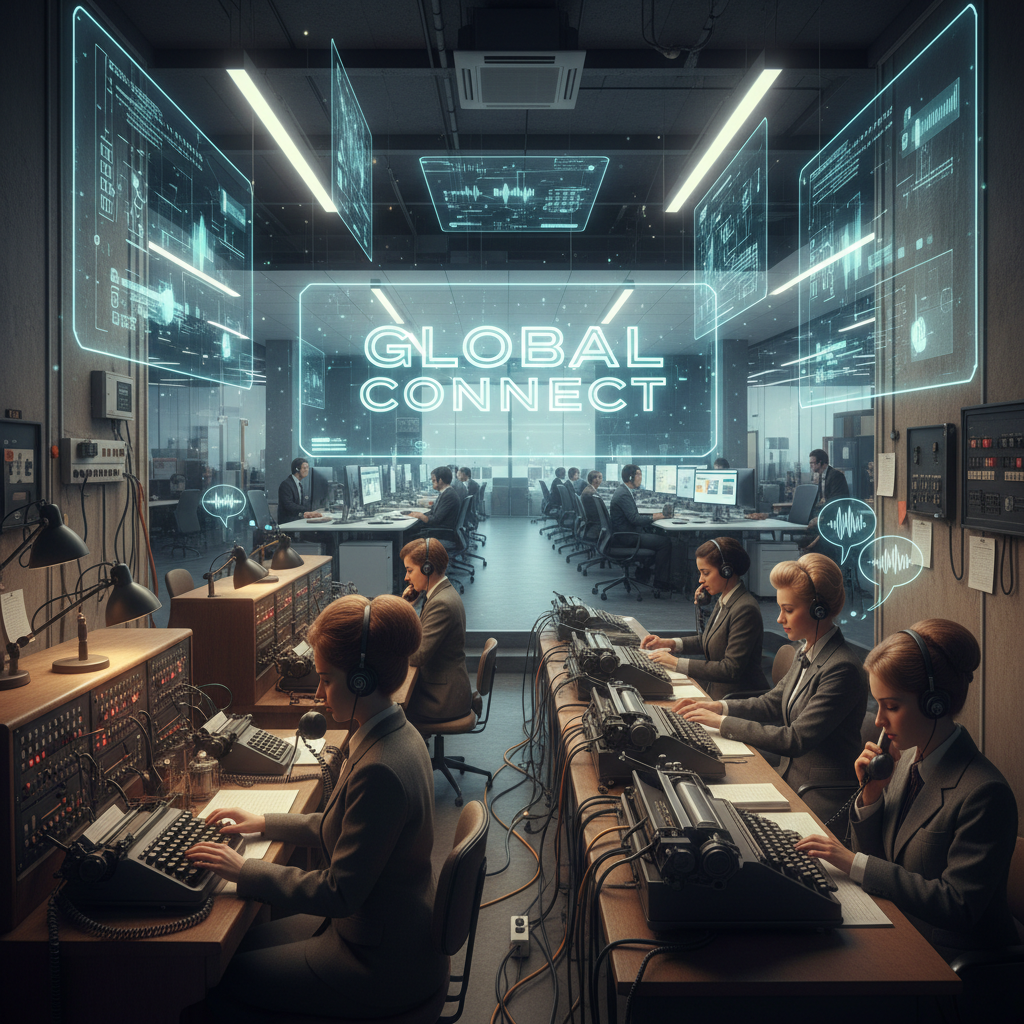 Vintage call center with modern digital overlays, operators on phones with digital elements emerging, illustrating the evolution of customer support representative roles