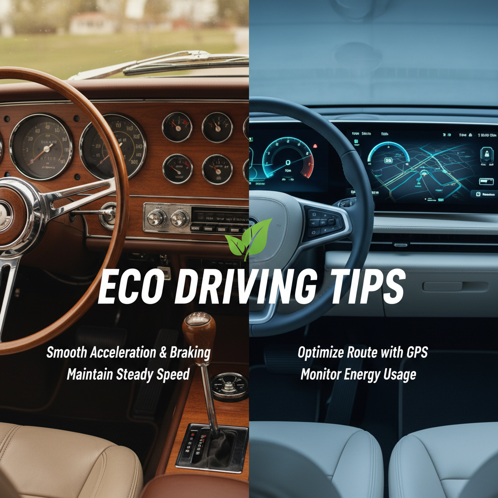 Vintage vs. modern car dashboard side by side—symbolic of eco driving evolution