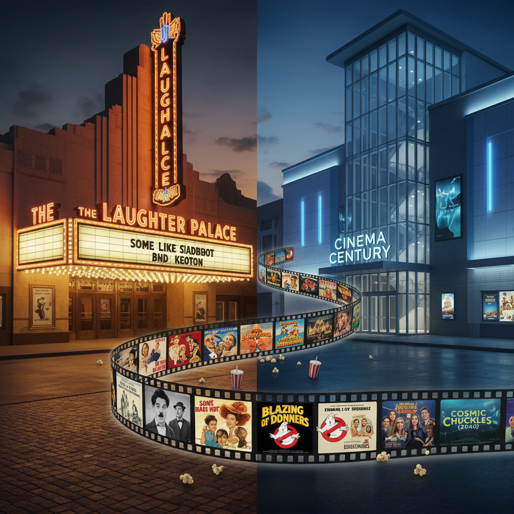 Vintage cinema contrasted with modern multiplex, comedy movie timeline, 16:9