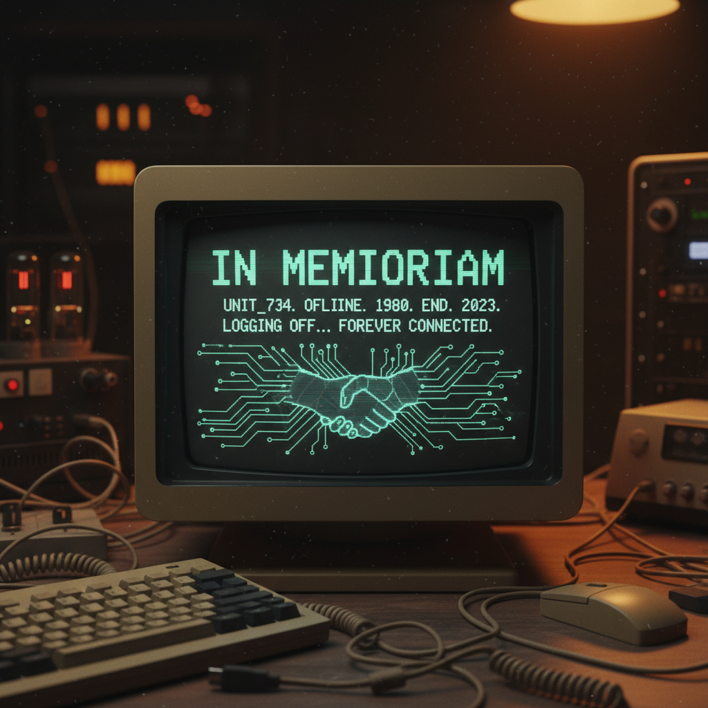 Vintage computer screen displaying an early digital memorial message, digital conversations to reduce loneliness