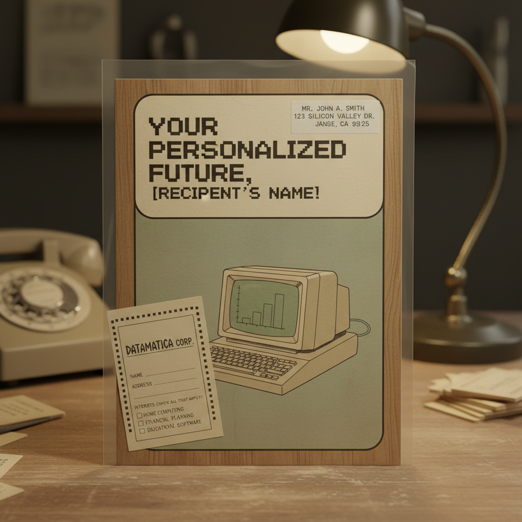Vintage-style illustration of direct mail and early computers integrated, showing the transition from traditional mail to digital marketing automation