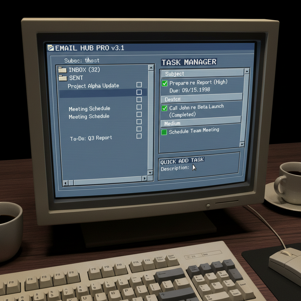 Vintage email interface overlaid with modern task lists, symbolizing the evolution into a task hub