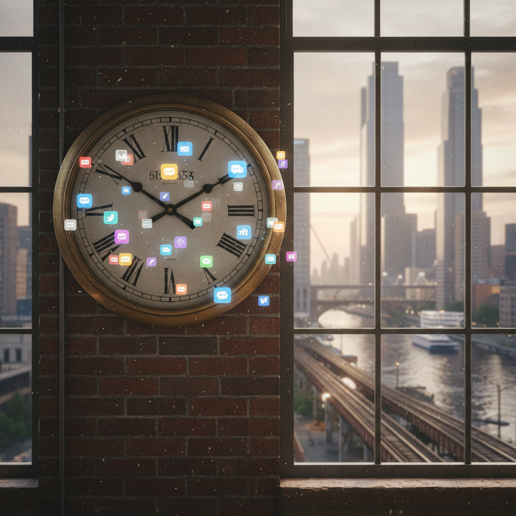 Photo of vintage factory clock paired with smartphone notifications, urban background, symbolizing the evolution of time management