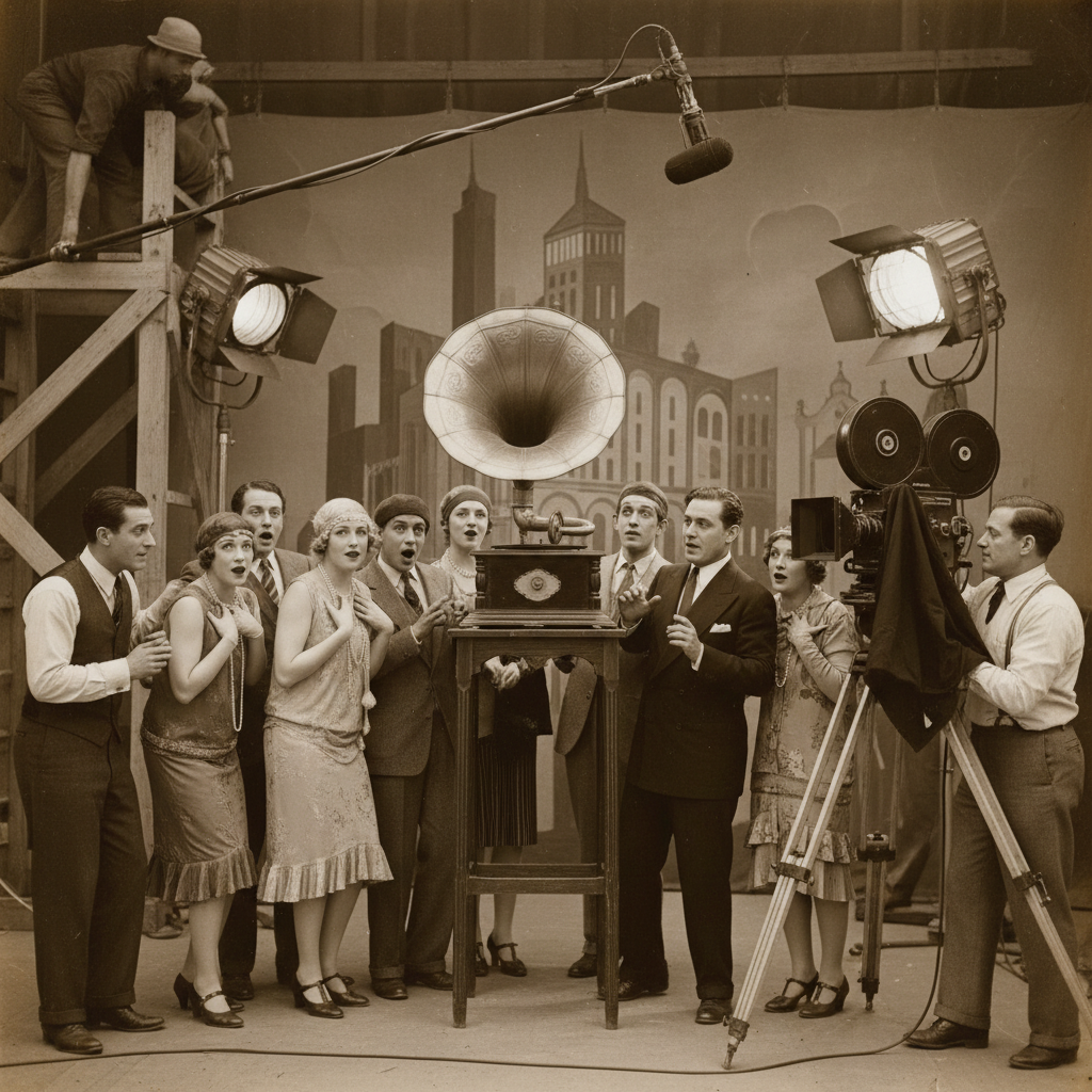 Vintage set photo of actors reacting to a phonograph with soft lighting and sepia tone, representing the movie paradigm shift movies era