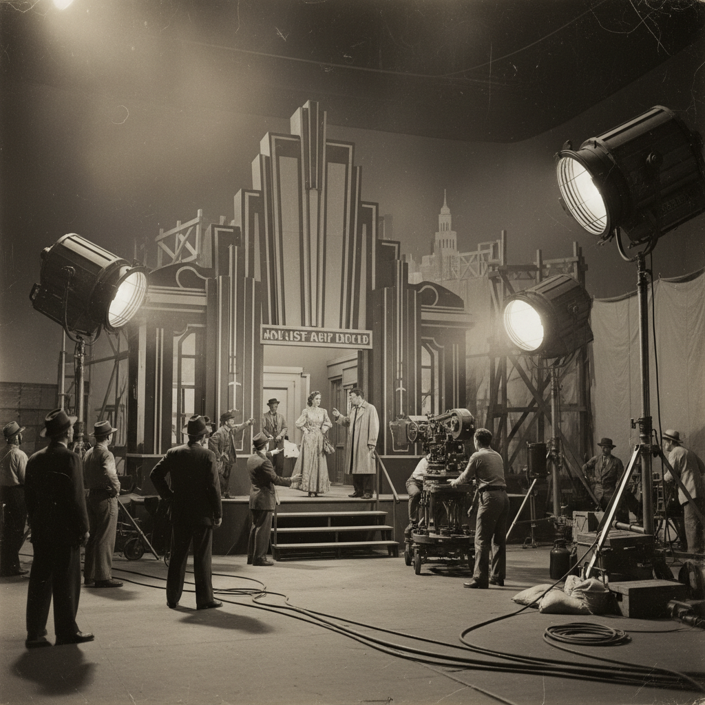 Classic cinema’s hidden influences, black-and-white photo of a 1930s film set capturing the remix tradition in Hollywood