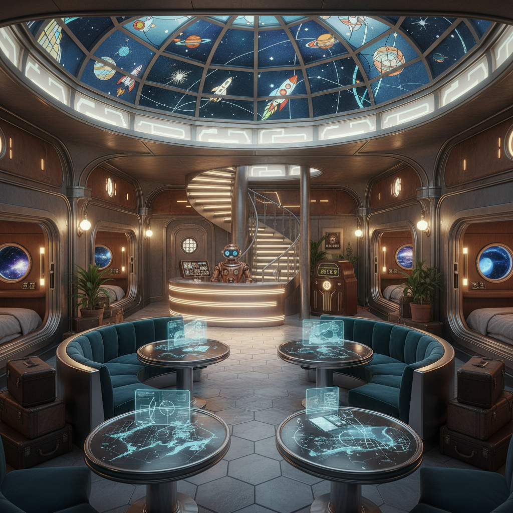 Split image of historical and modern hostel interiors