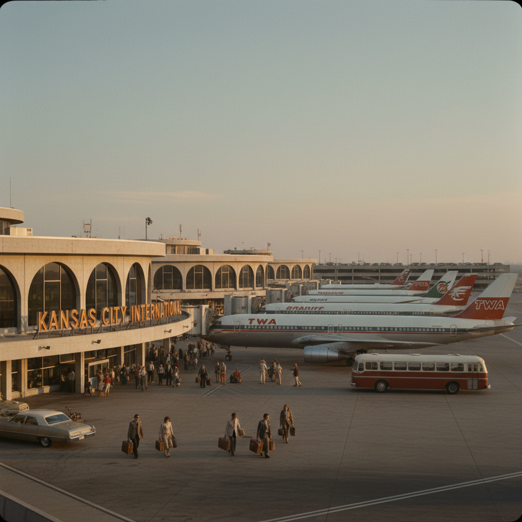 Vintage Kansas City airport terminal from the 1970s with nostalgic design and travel ambiance