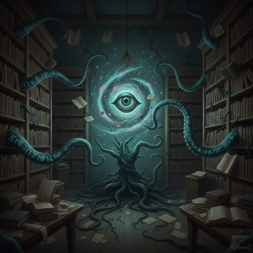 Vintage monochrome photo drawing depicting a haunted library with shadowy tentacles emerging from ancient books, representing cosmic horror roots