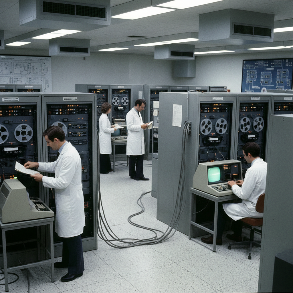 Vintage mainframe computers with technicians working, representing early system managers in the 1970s