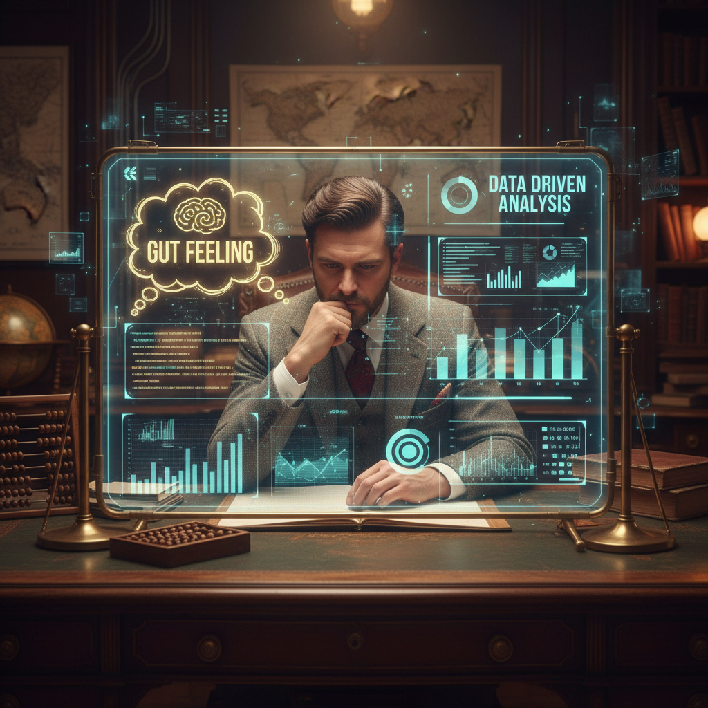 Split-screen image showing a vintage marketer relying on intuition on the left and a modern AI dashboard with data and analytics on the right, high-contrast professional lighting