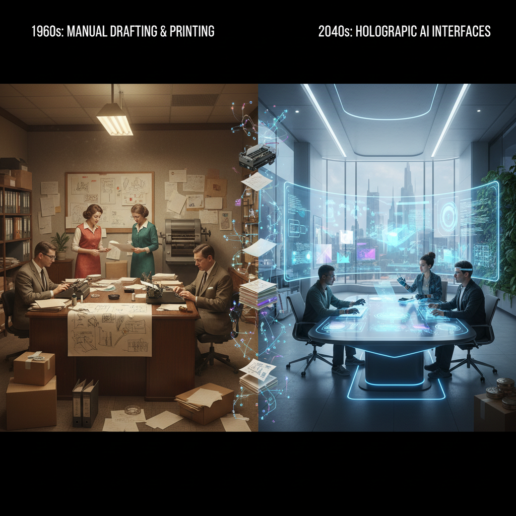 Collage of vintage and futuristic marketing teams, evolution of document creation, marketing automation transition