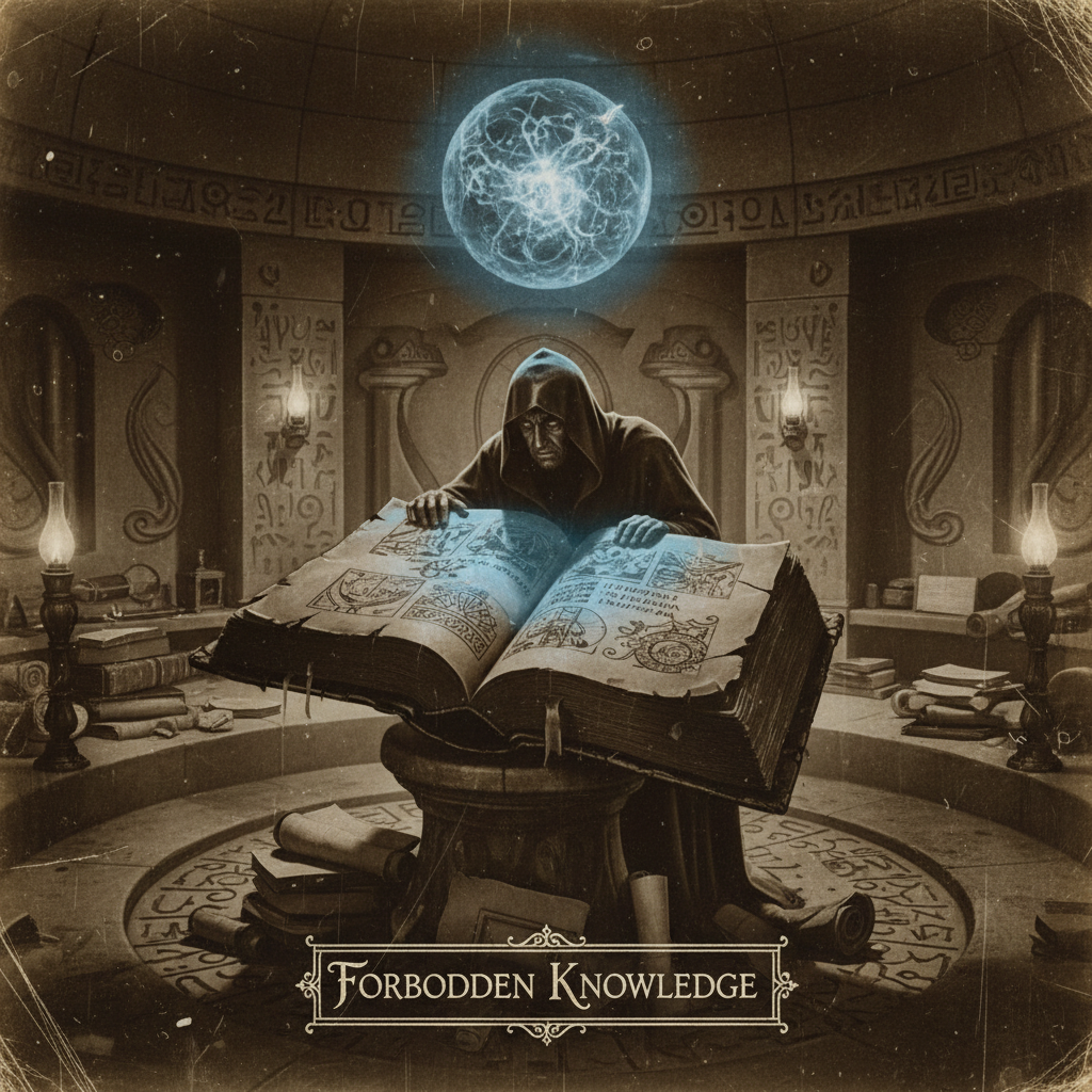 Classic film depiction of forbidden knowledge, vintage movie still with a concealed book and dramatic lighting