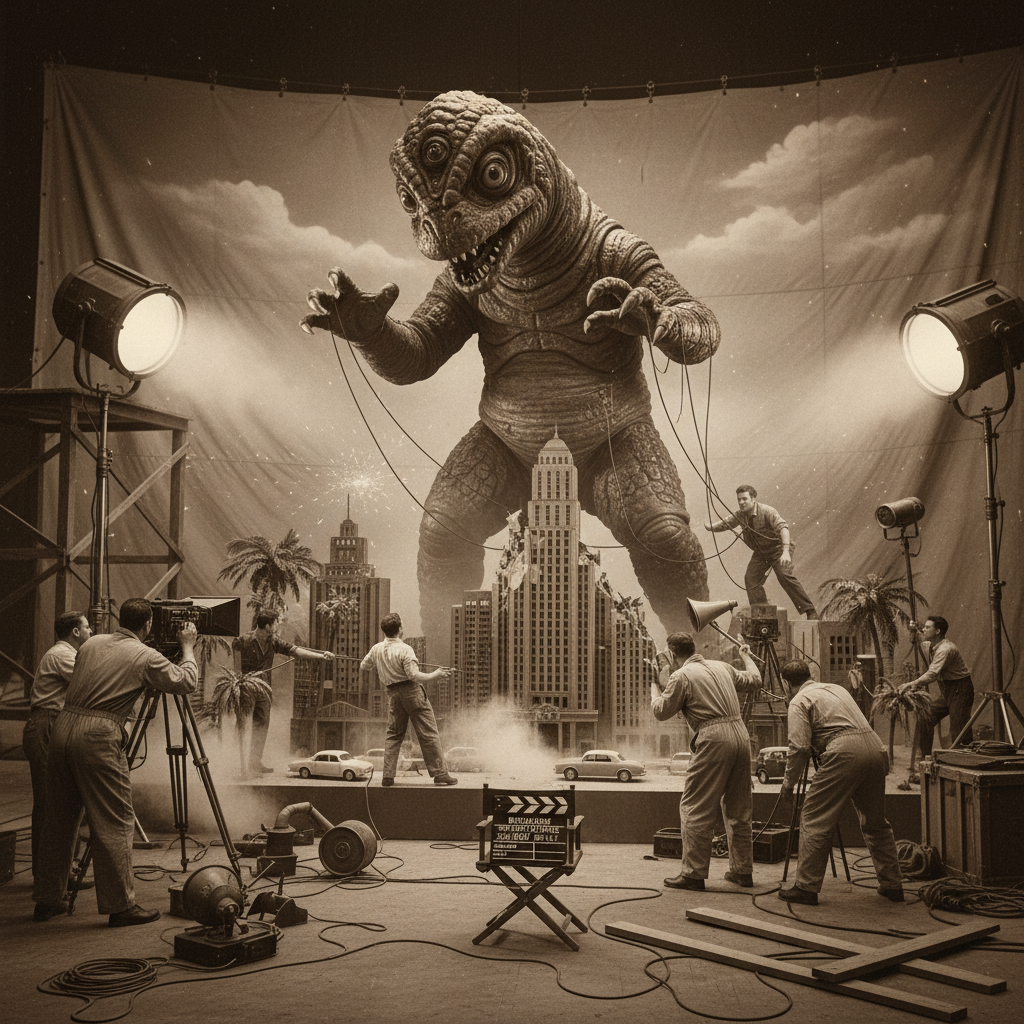 Classic movie crew with giant monster prop, vintage black-and-white movie set, creature movies history