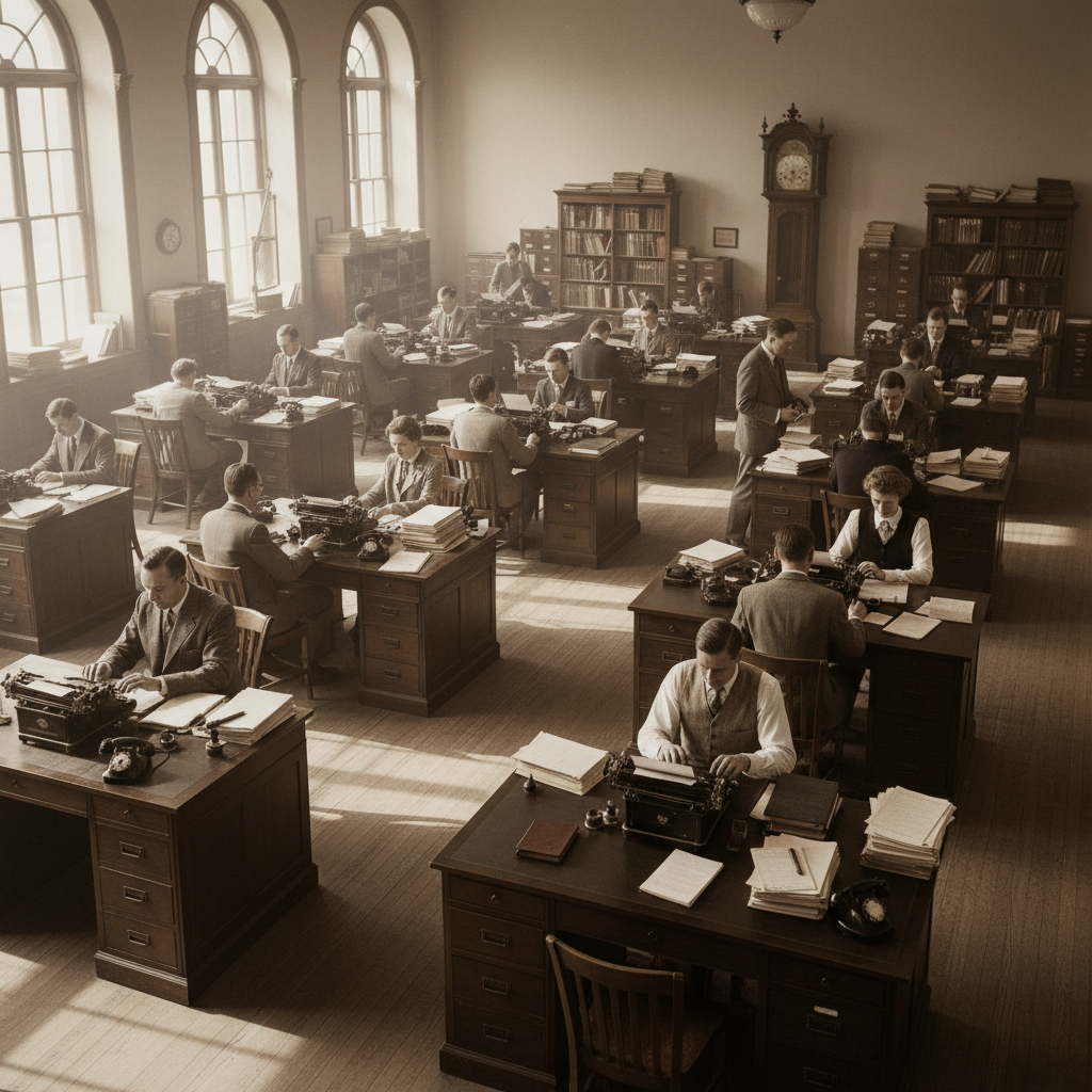 A vintage office with human assistants at typewriters, illustrating the legacy of assistant staff roles in enterprise teams.