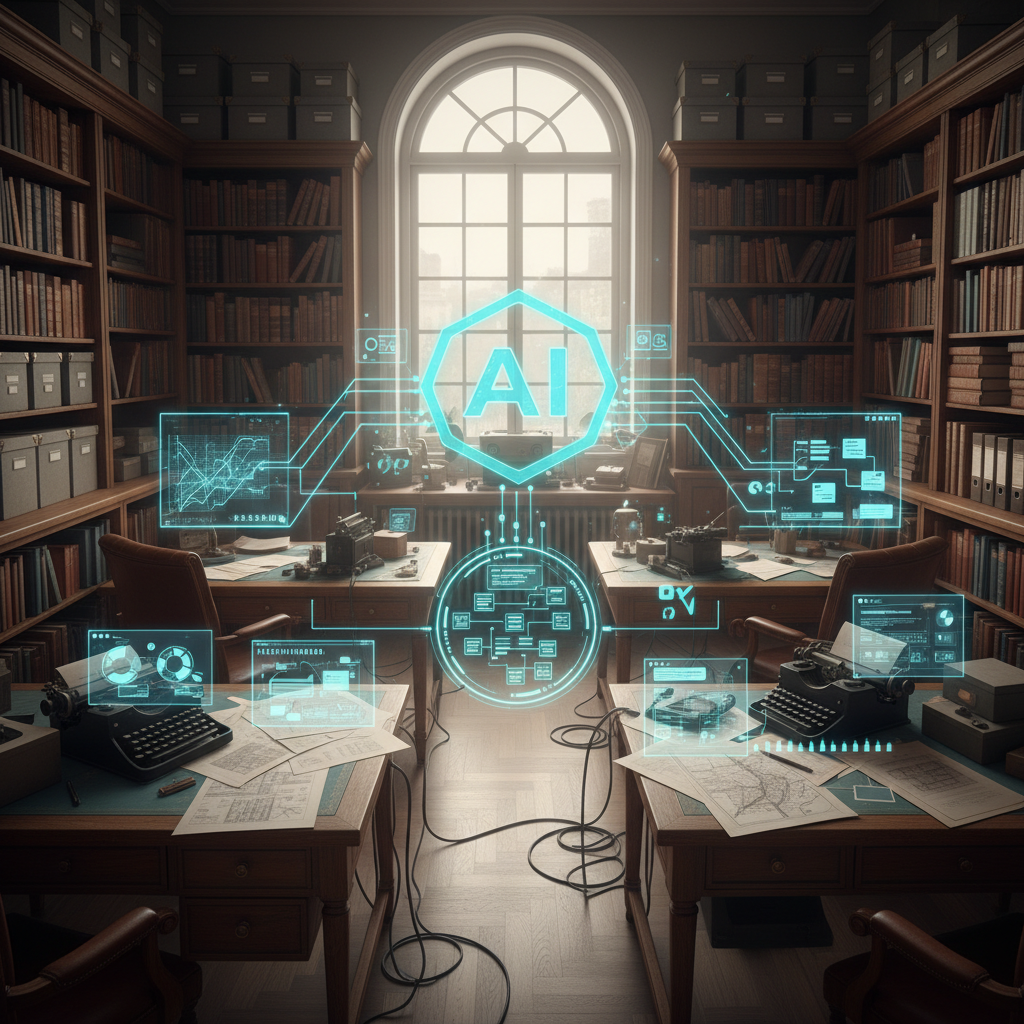 Vintage office with paper and digital overlays, showing evolution of office collaboration tools and AI assistants