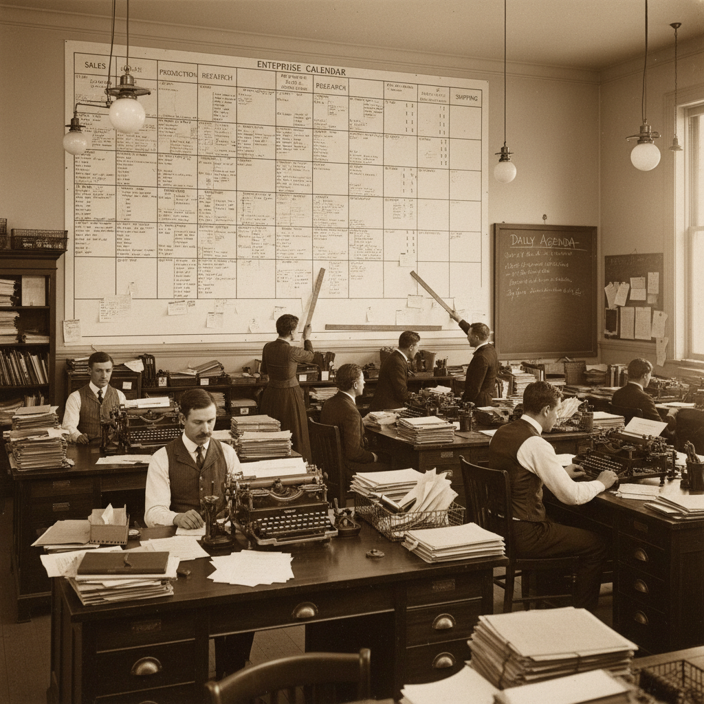 Vintage office scene with people hunched over massive paper schedules, evoking the origins of enterprise calendar systems