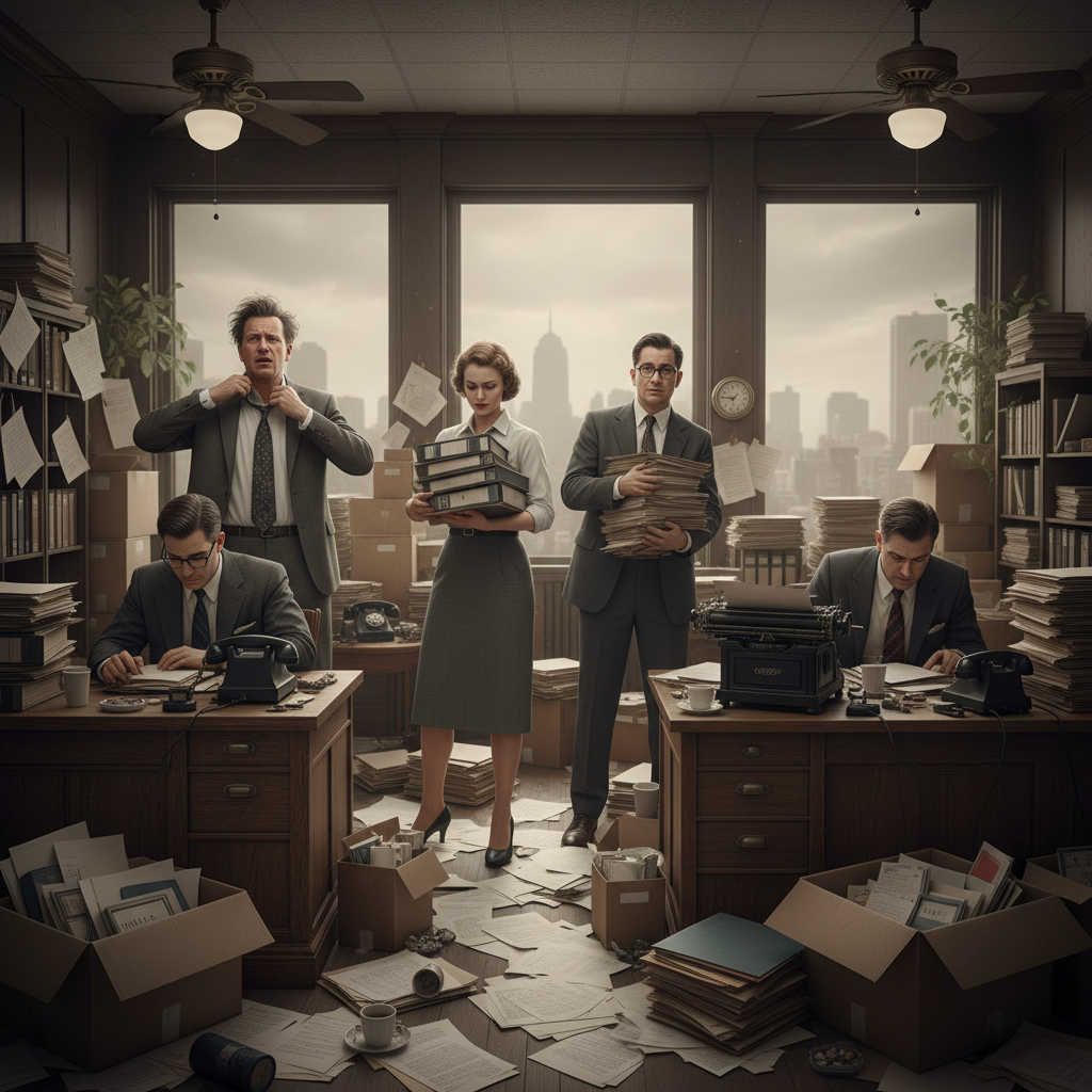 A vintage 1990s office overwhelmed by paperwork and stressed staff, illustrating the chaos of manual office management
