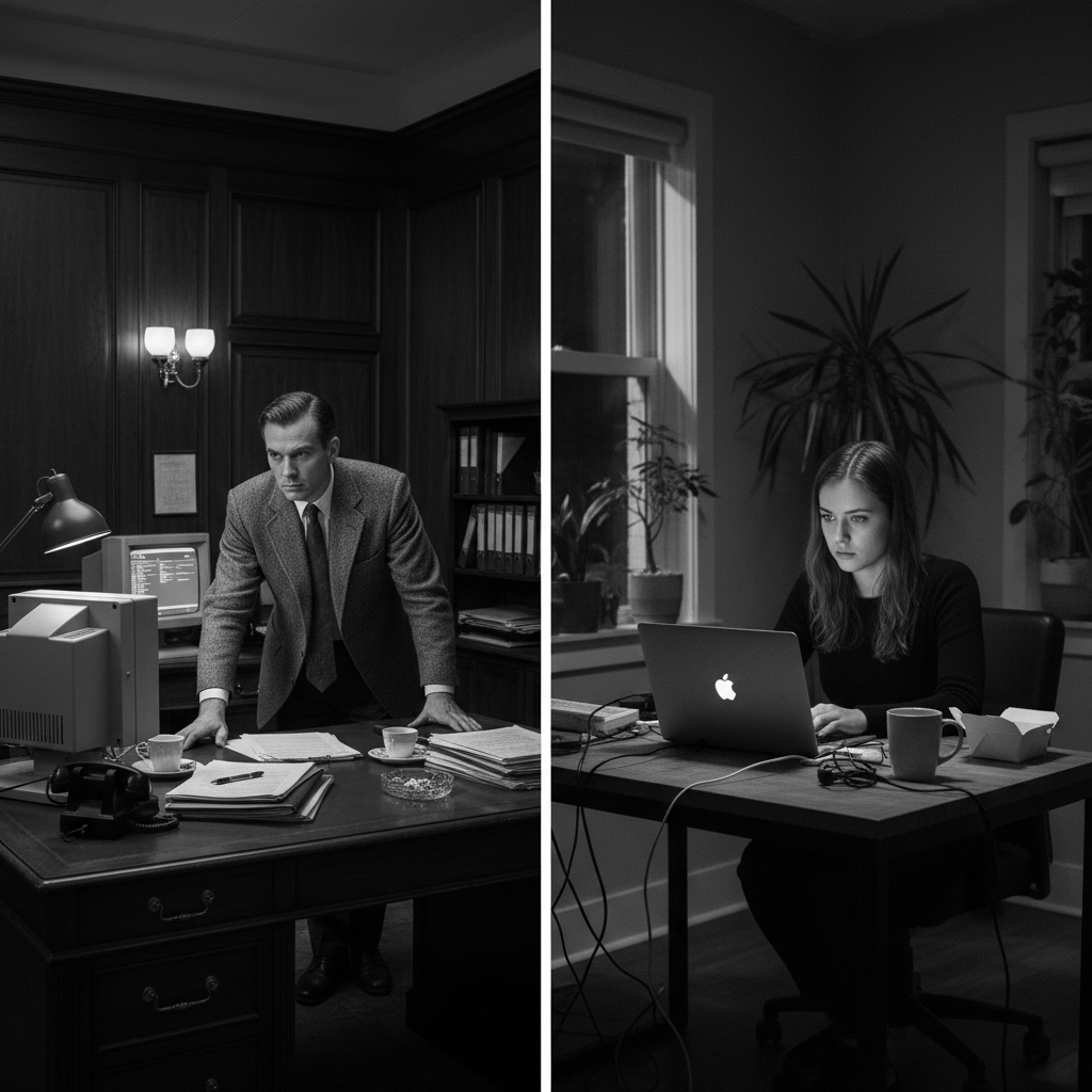 Vintage office and remote researcher working late, research outsourcing evolution