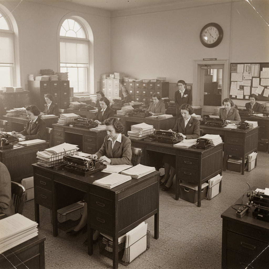 Vintage office scene showing secretaries with typewriters, representing traditional administrative support