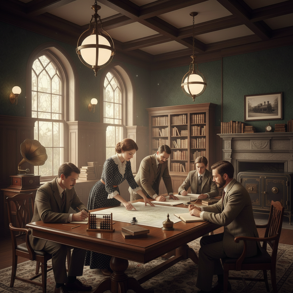 Vintage office showing early team collaboration, project based staff at work in a black-and-white setting