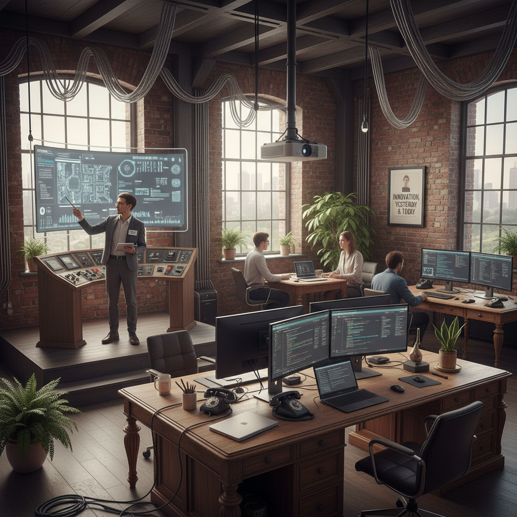 Vintage office transforming into tech-heavy workspace, showing evolution of workplace coordinator role