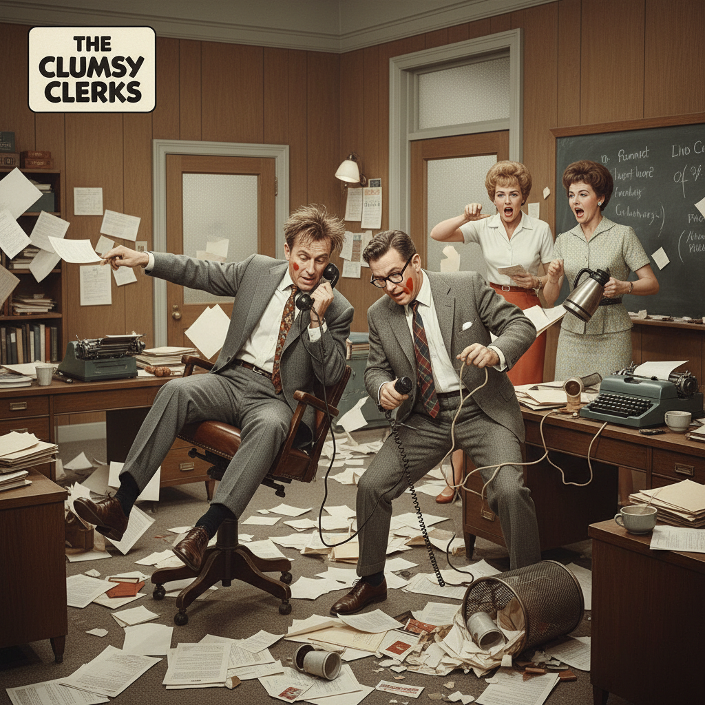 Black and white vintage slapstick office chaos scene with papers flying