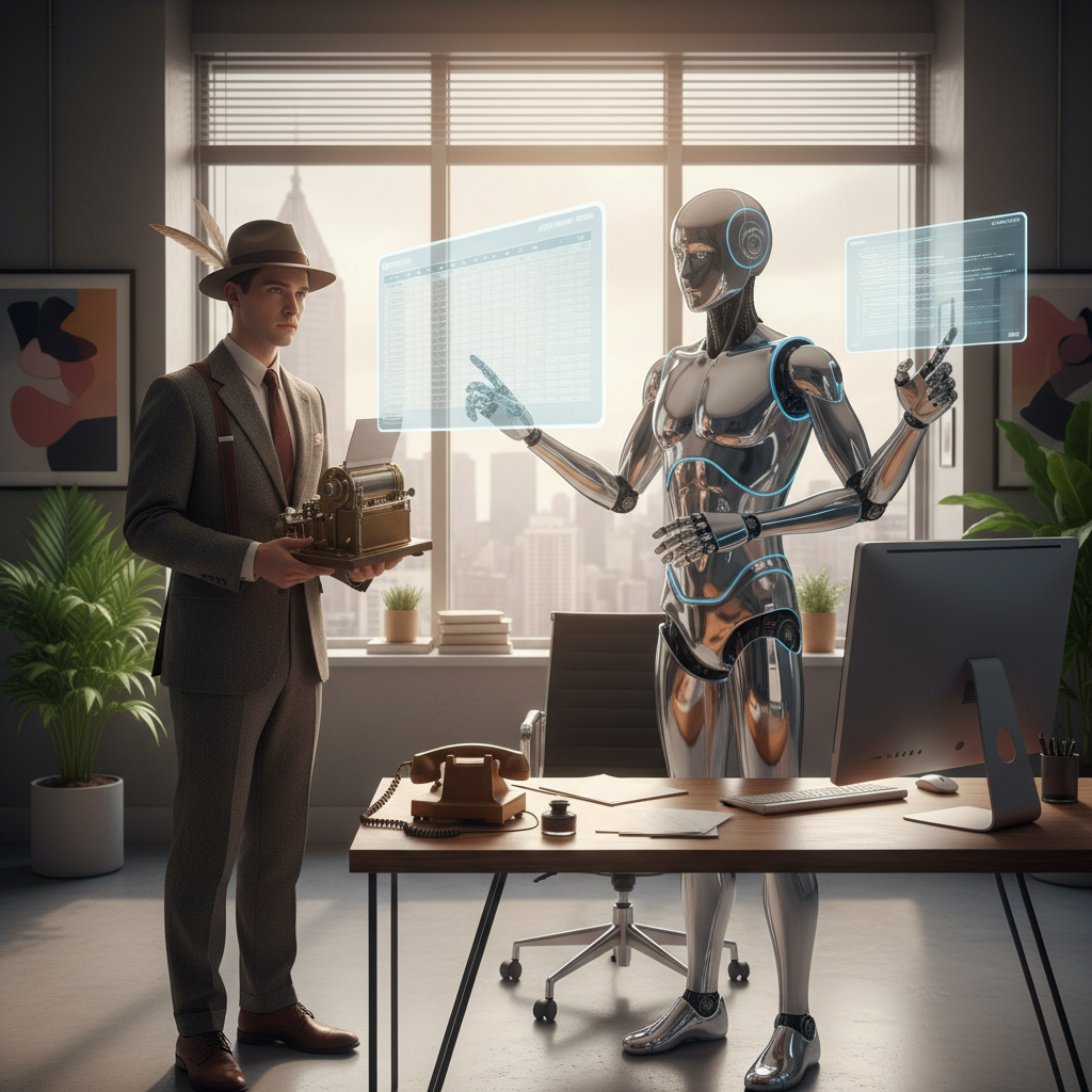 Vintage-modern collage showing office helper evolution with AI figures