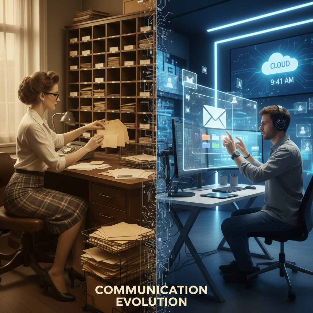 Vintage office worker sorting physical mail in folders, representing the evolution to digital email organization tools