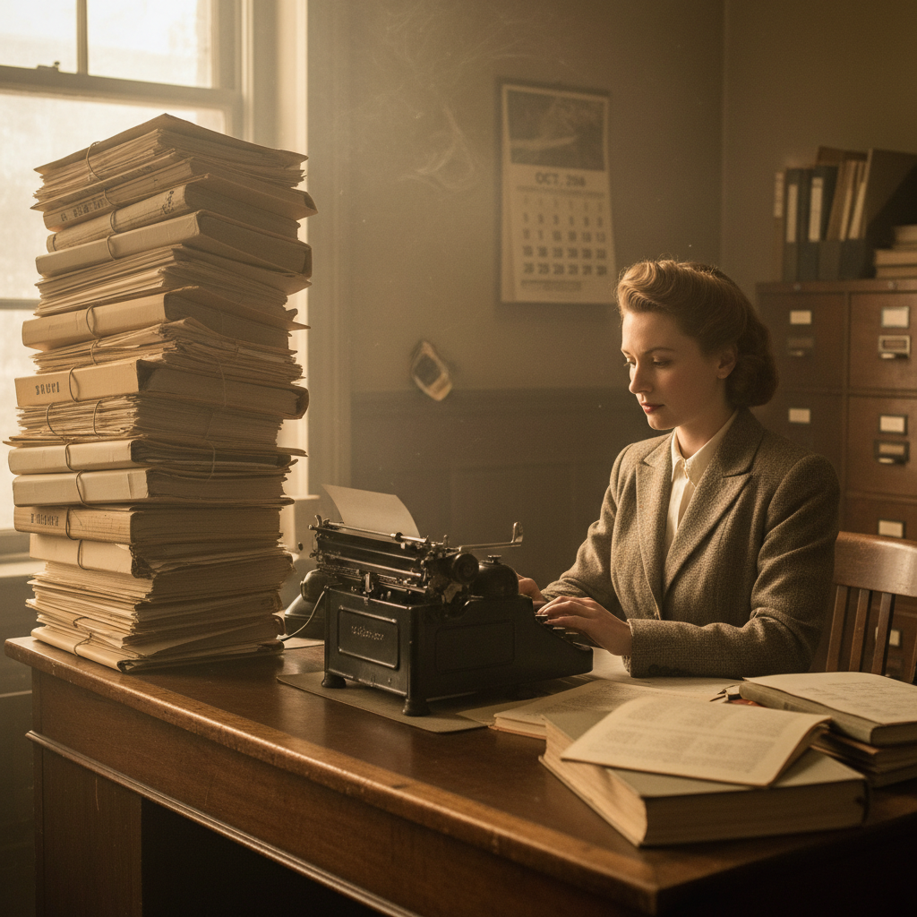 Retro business document summarization methods before computers, a vintage office worker with a typewriter and stacks of files