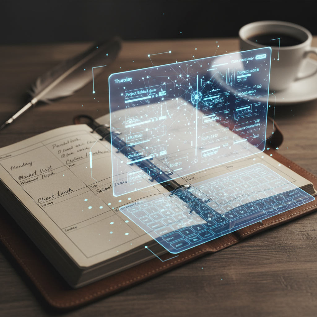 Split image: vintage paper planner on left, futuristic digital interface on right, nostalgic meets sharp, 16:9