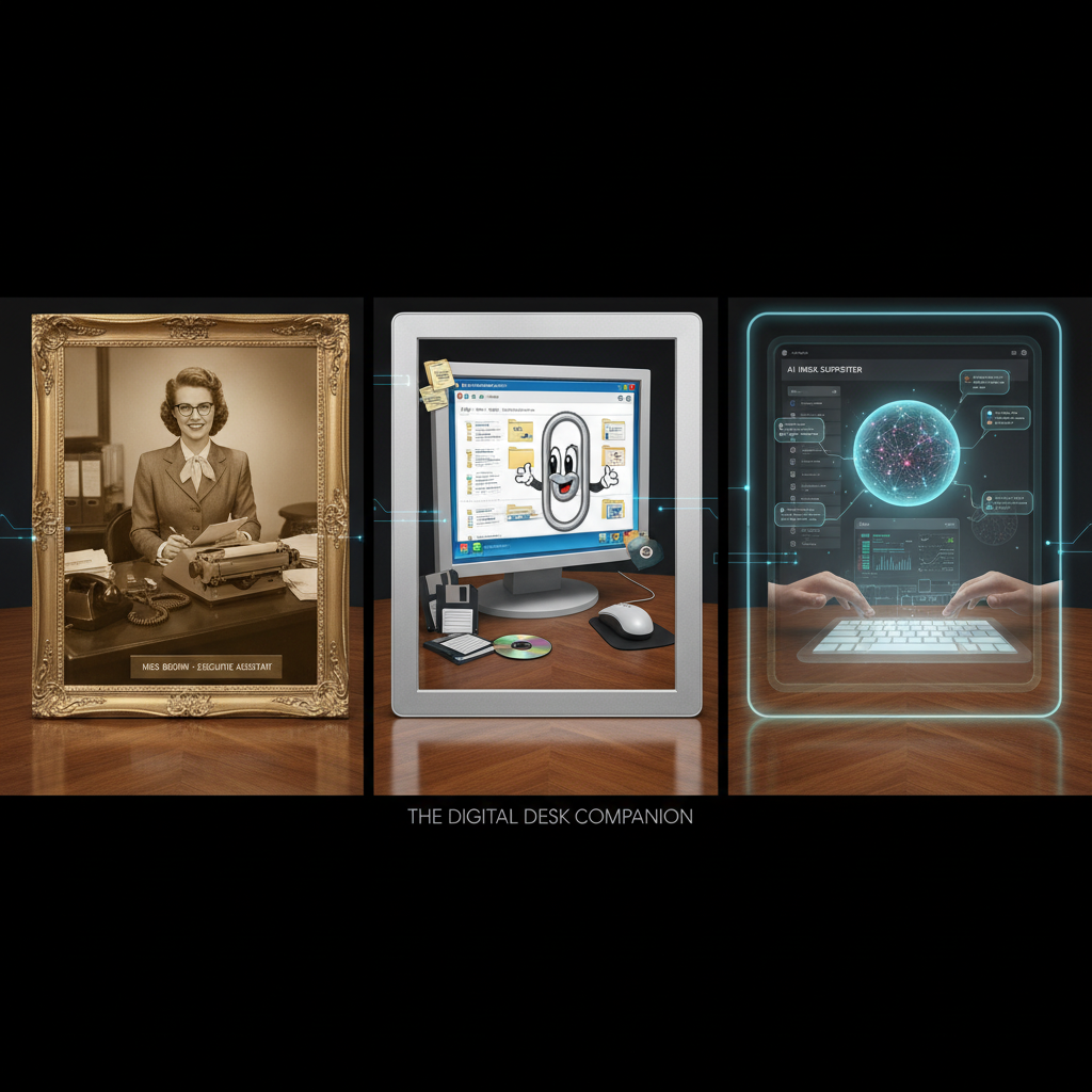 Vintage secretary and modern digital coworker at desk, symbolizing inbox supporter evolution