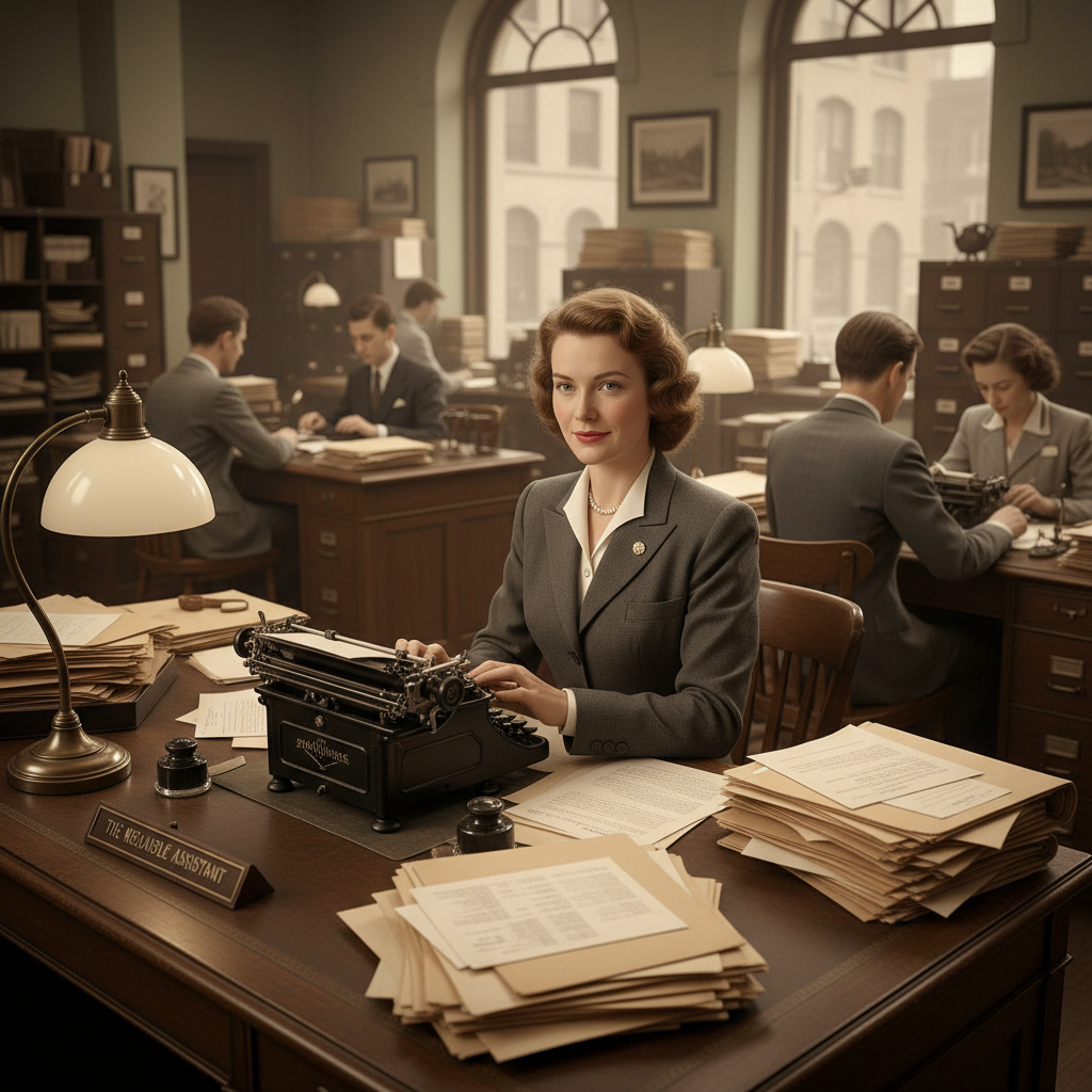 Vintage office scene with reliable secretary at manual typewriter, surrounded by paperwork and calendars, evoking human touch in reliability