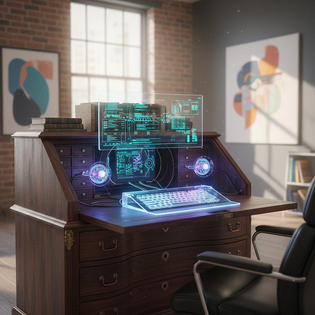 A vintage secretary's desk beside a modern AI-powered workspace, illustrating the evolution from human support roles to advanced digital support assistants in today's enterprise.