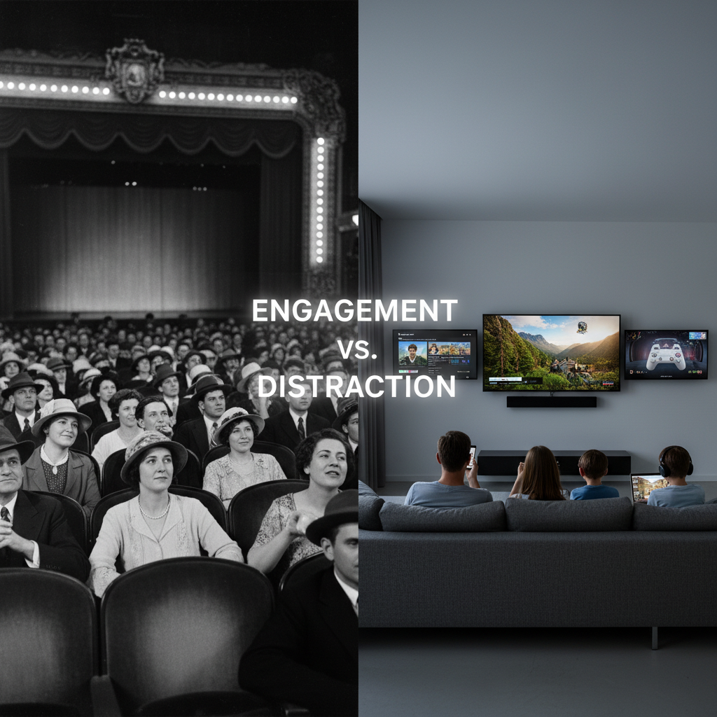 Vintage theater audience versus modern living room with multiple screens, contrasting engagement and distraction in movie passive viewing