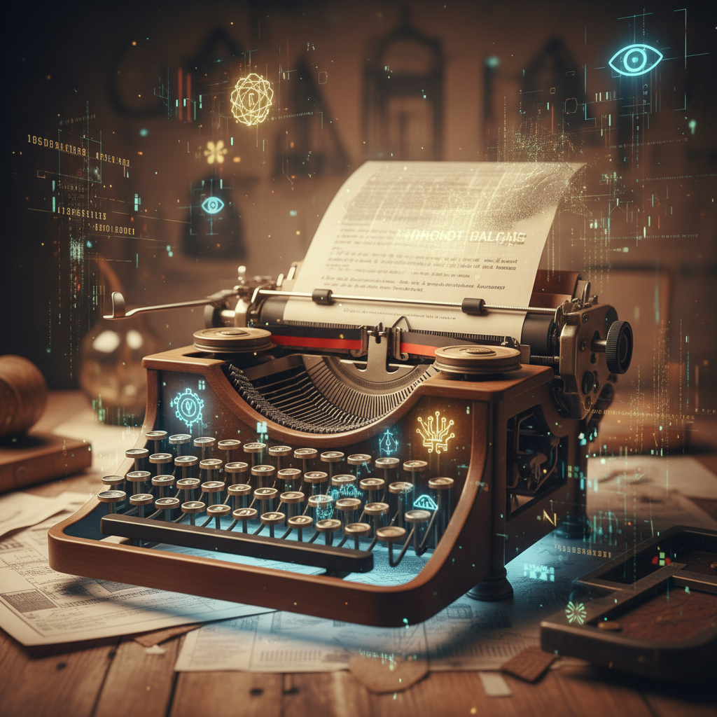 Vintage-meets-modern collage of typewriters and AI symbols, blending past and future office tools, evocative of the evolution from clerical to AI-powered support