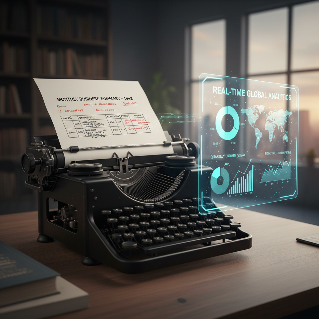 Split-screen showing vintage typewriter and modern analytics dashboard symbolizing the evolution of report preparation
