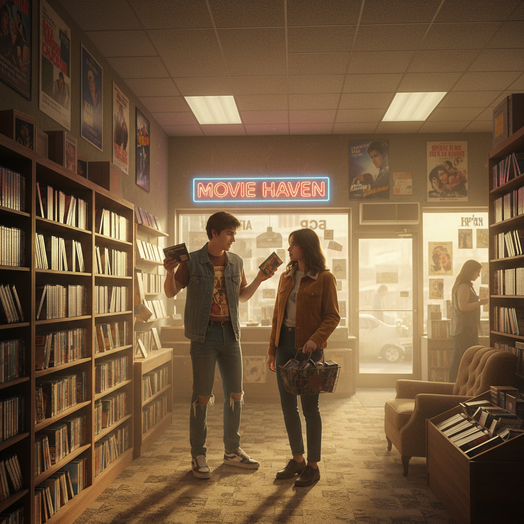 Authentic photo of a vintage video store counter with quirky staffer recommending films, warm tones, nostalgia, customized movie assistant theme