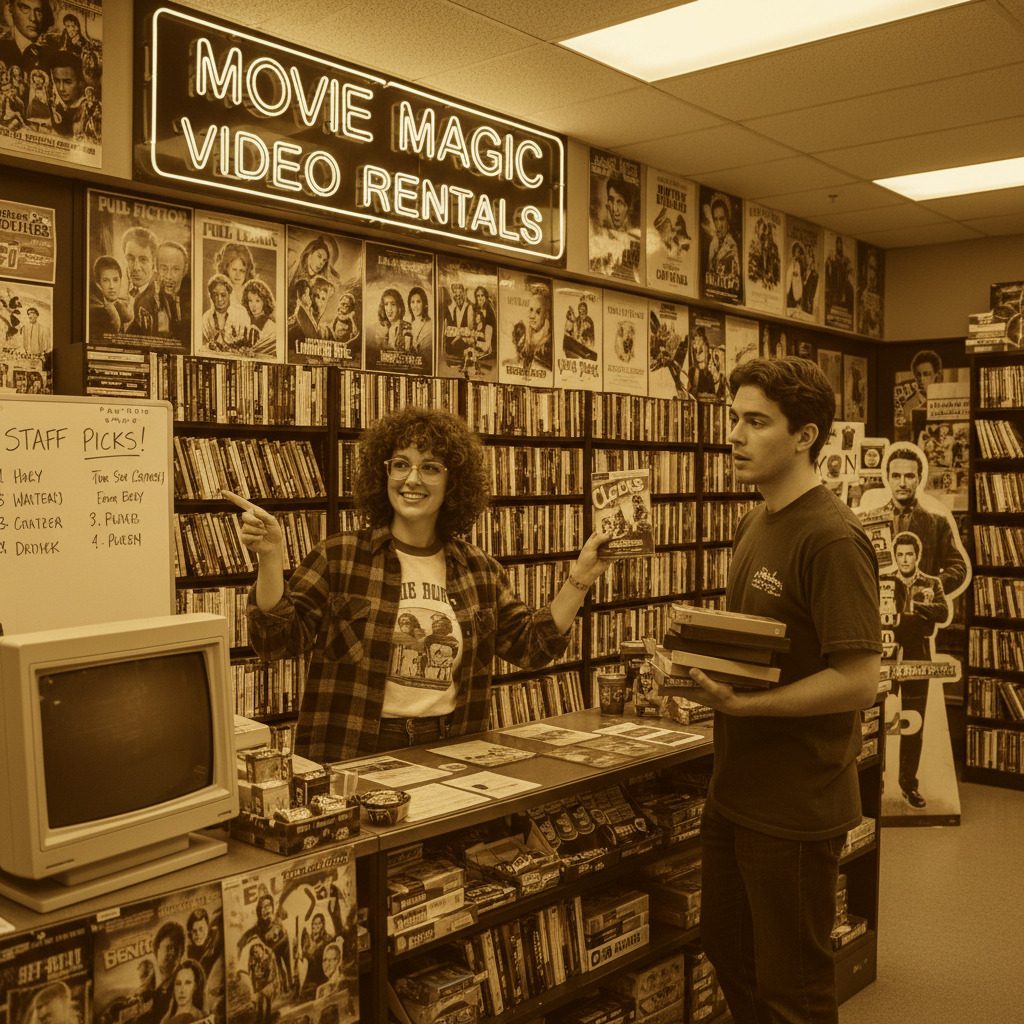 Retro video store clerk offering movie advice, vintage photo with film posters in the background