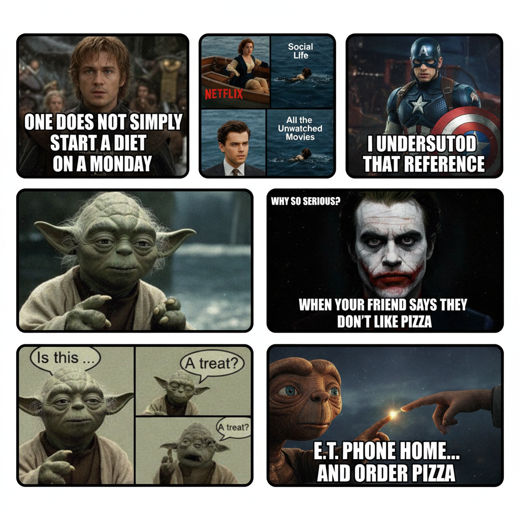 Montage of viral movie humor memes, movie jokes turned into memes