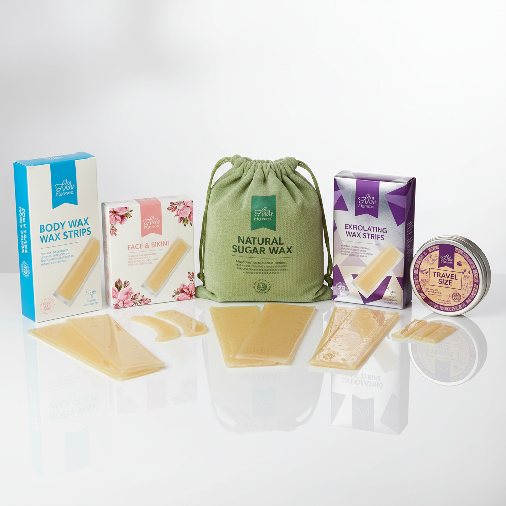 Zbliżenie na różne typy pasków do depilacji, opakowania, porównanie rozmiarów