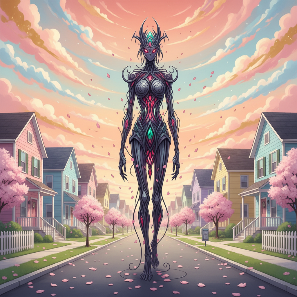 Gothic figure standing out in a pastel suburban neighborhood, visually striking.