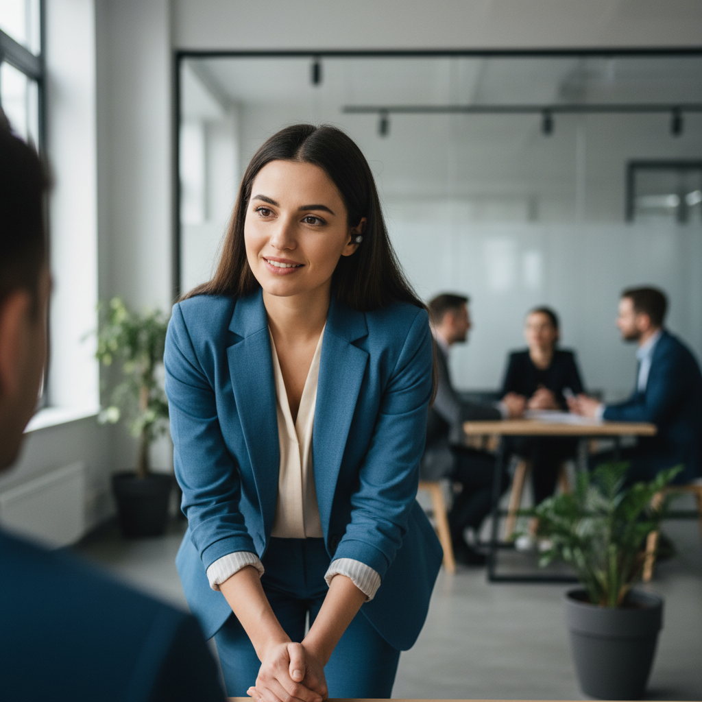 Słuchająca kobieta w biurze, psychologia komunikacji, aktywne słuchanie
