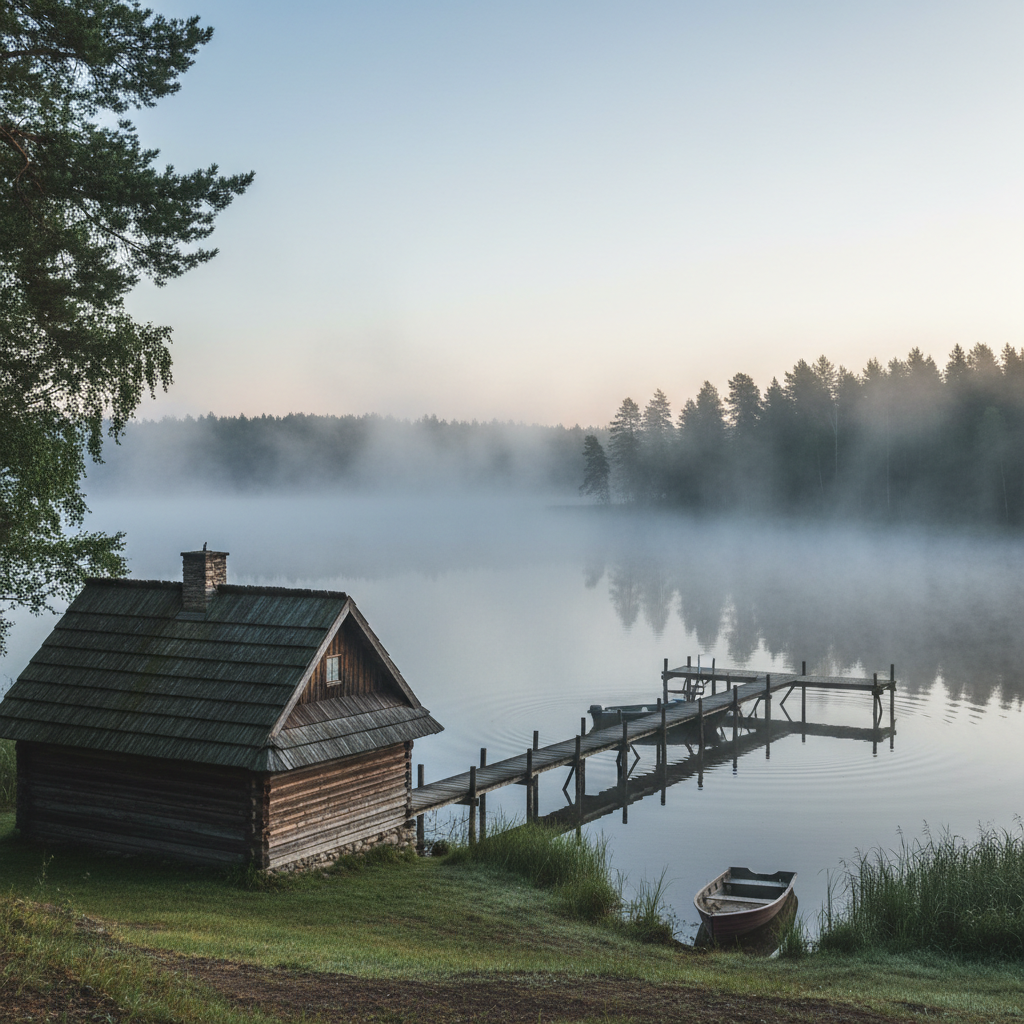 Domek drewniany nad jeziorem na Mazurach, poranna mgła, spokojna woda, pomost