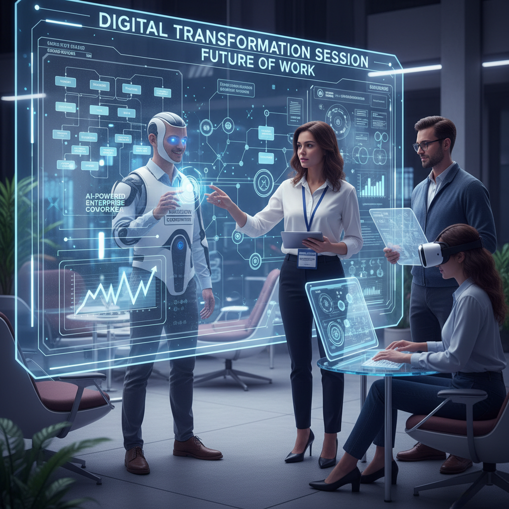 Workflow coordinator leading diverse team through digital transformation session, modern workspace, AI-powered enterprise coworker