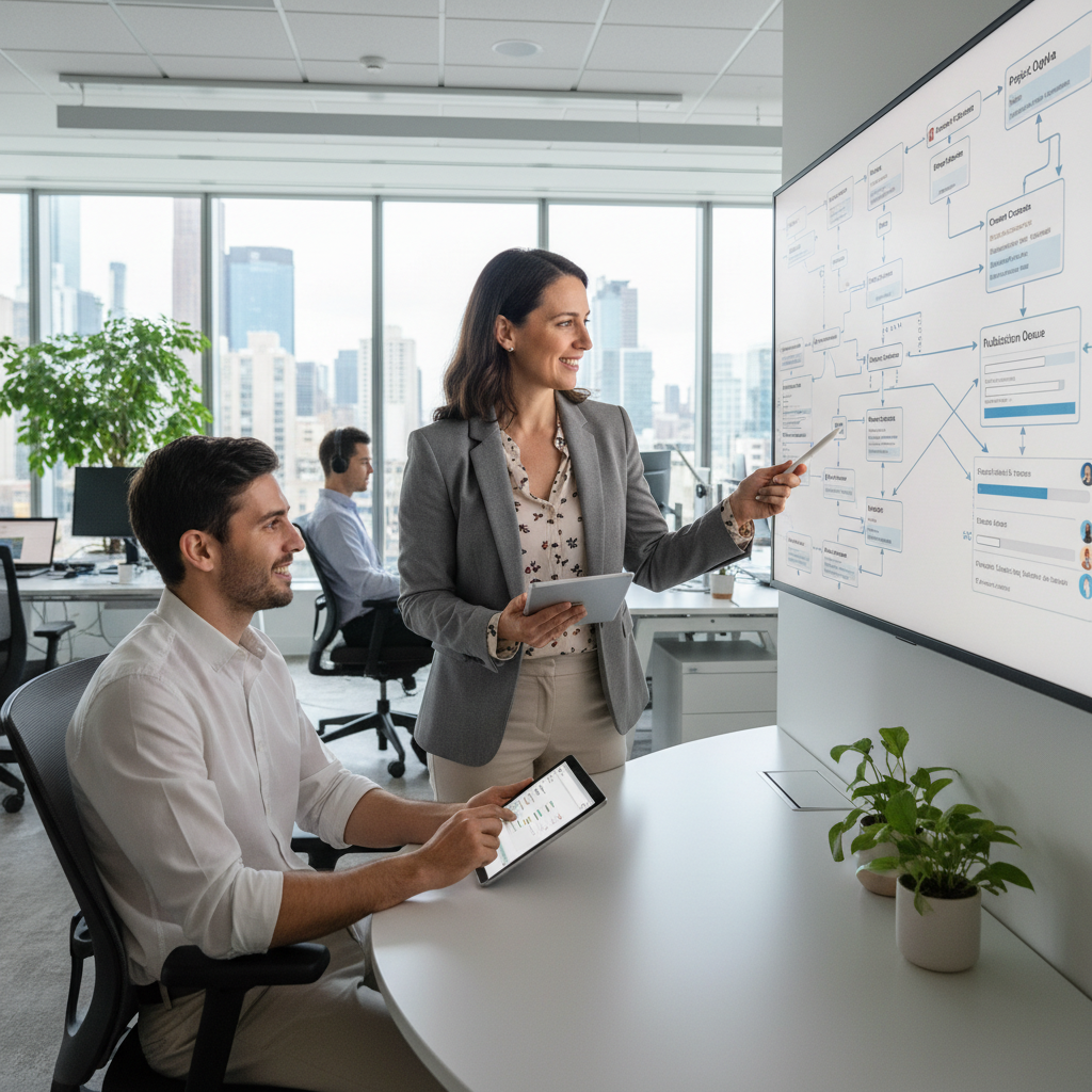 Workflow coordinator mentoring team member on digital workflow tools, modern office, digital workflow management